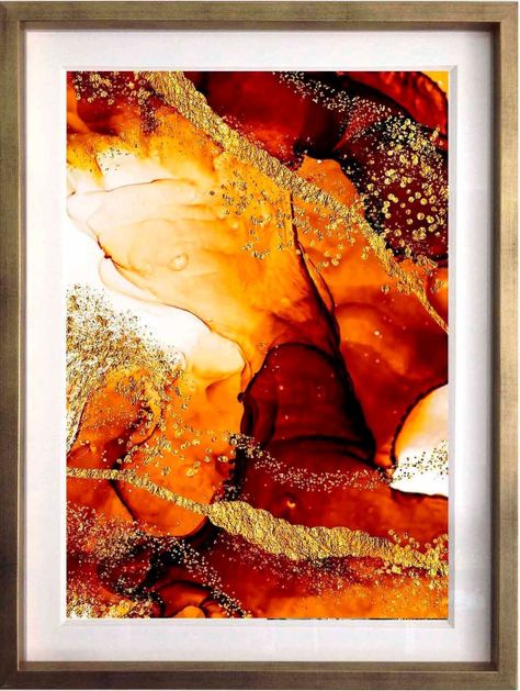 Set 3 Abstracto Rojo Y Naranjo 40X50 Marco Dorado-3