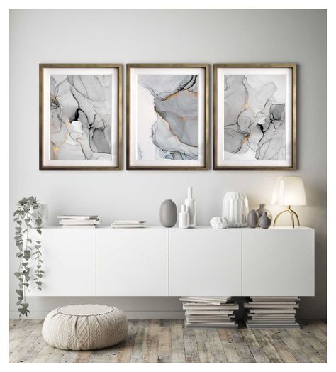 Set 3 Abstractos En B/N 40X50 Marco Dorado-1