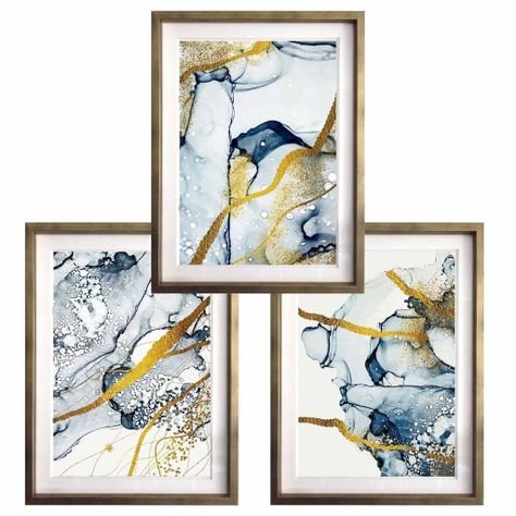 Set 3 Abstracto Azul Y Oro 50X70 Marco Dorado-0