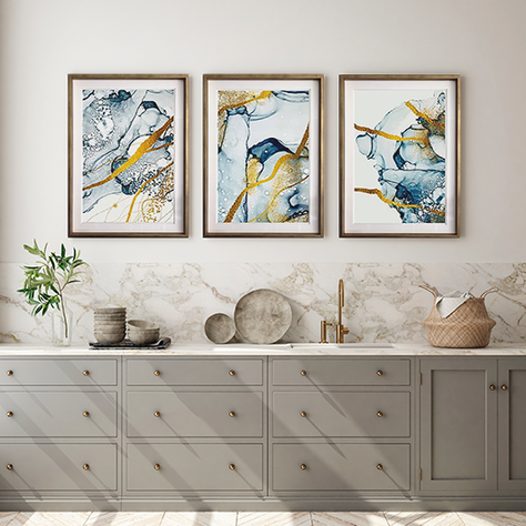 Set 3 Abstracto Azul Y Oro 50X70 Marco Dorado-1
