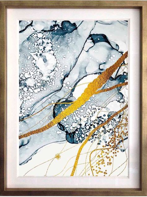Set 3 Abstracto Azul Y Oro 50X70 Marco Dorado-3