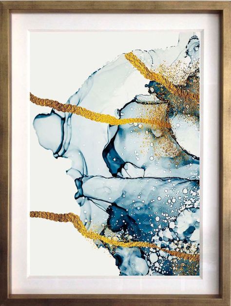 Set 3 Abstracto Azul Y Oro 50X70 Marco Dorado-4