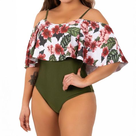 Traje De Baño Floral Sin Hombros Verde Olivo Lu-0