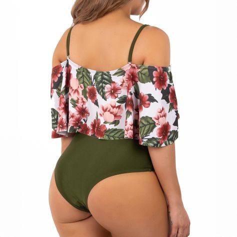 Traje De Baño Floral Sin Hombros Verde Olivo Lu-1