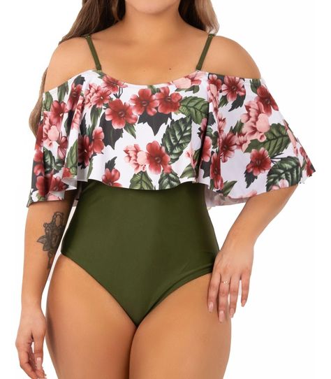 Traje De Baño Floral Sin Hombros Verde Olivo Lu-2