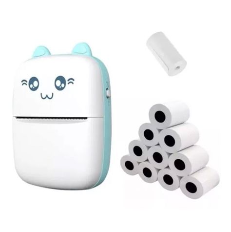 Mini Impresora Térmica Portátil Bluetooth Gatito + 11 Rollos celeste-0