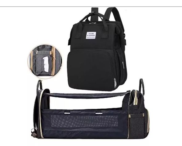 Mochila 3 En 1 Pañalera Cuna Y Mudador Portátil Para Bebés Negro-6