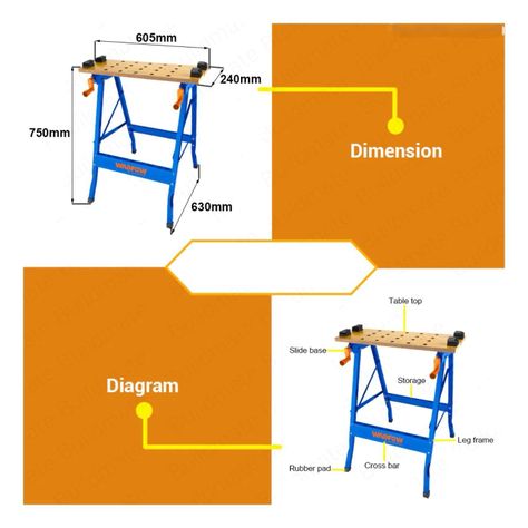 Banco De Trabajo Plegable Wadfow 100 Kg 60x63x75 Cm Wwe1525-2
