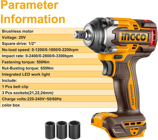Llave Pistola Impacto Ingco Bl 1/2 20v 500nm Ciwli20501 S/ba-1