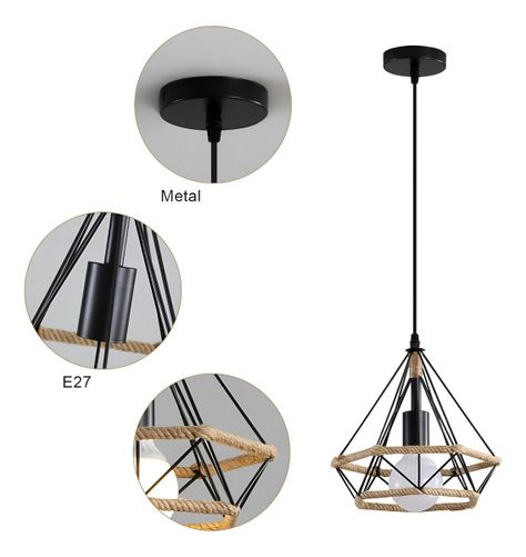 Lámpara Techo Colgante Diamante Cañamo Cuerda Metal Jhn-2