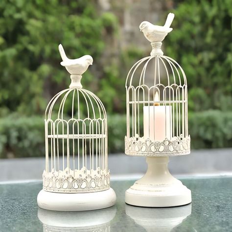 Set de 2 Candelabro Portavelas Decorativo Jaula Blanco Jhn-5