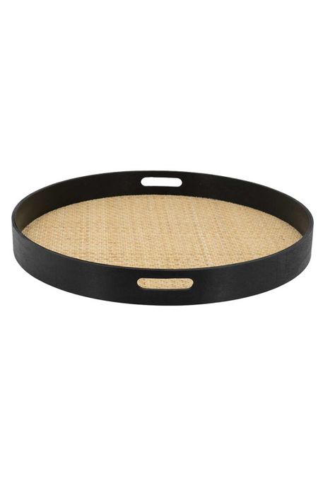 Bandeja decorativa redonda de ratán y madera-0