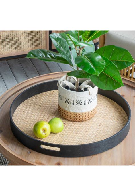 Bandeja decorativa redonda de ratán y madera-1