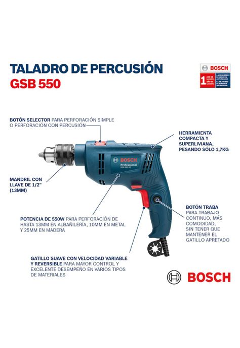 Taladro Percutor GSB 550 RE 550W 220V + Maletín - Bosch-5