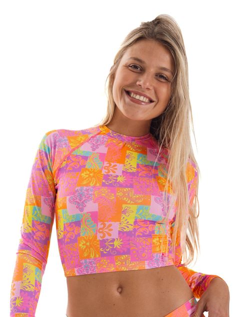 Daikiri Polera Surf Mujer Naranjo Estampado Manga Larga Deportivo Protección UV 50+-0