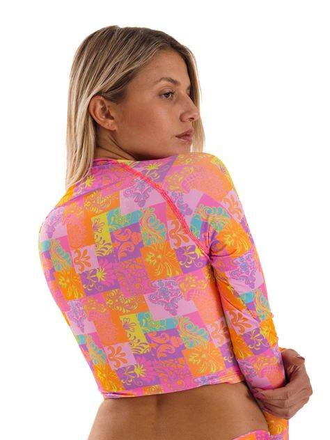Daikiri Polera Surf Mujer Naranjo Estampado Manga Larga Deportivo Protección UV 50+-1