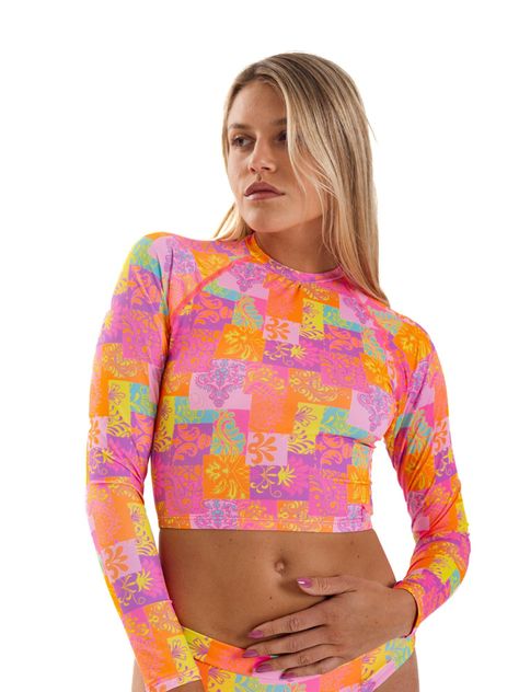 Daikiri Polera Surf Mujer Naranjo Estampado Manga Larga Deportivo Protección UV 50+-6