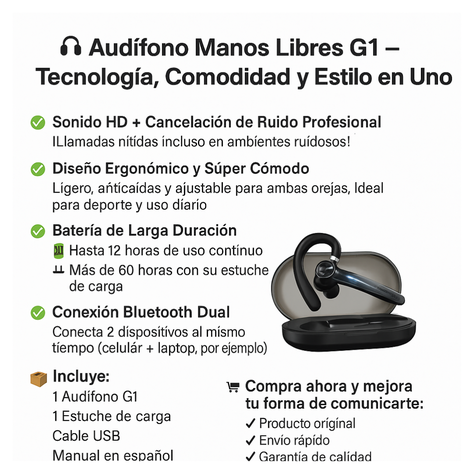 Audífonos In Ear Bluetooth Manos Libres Profesional G1 Original-4