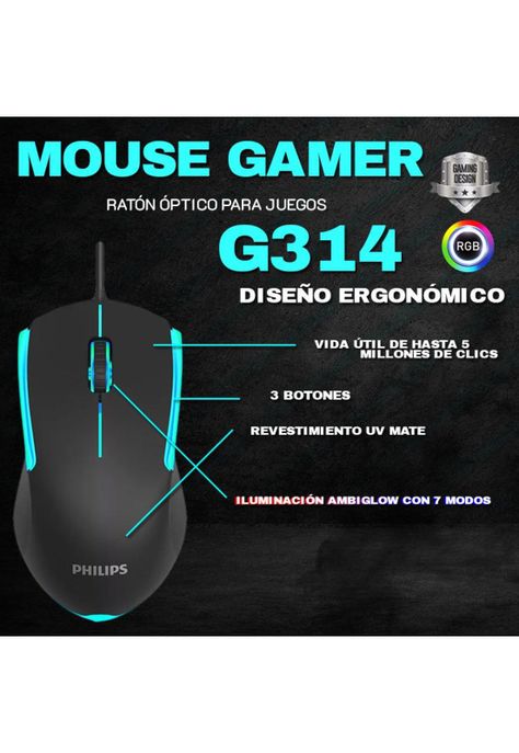 Mouse Gamer Philips SPK9314B G314 RGB 3 Botones 3600 Dpi-4