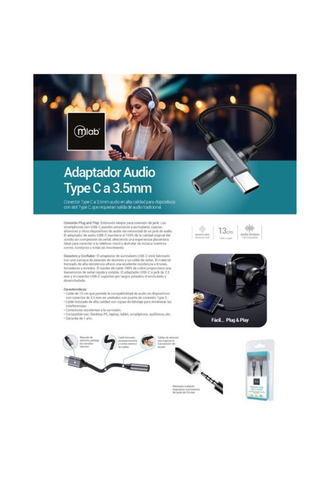 Adaptador TYPE C a Jack Audio 3.5mm Mlab-2