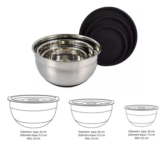 Set 3 Bowls con Tapa Acero Inoxidable Antideslizante Simplit-2