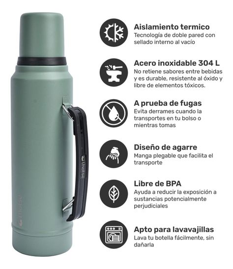 Termo Liquido Classic 1,3 lts + Mate Bombilla Lhotse Green-1