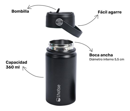 Botella Térmica Niño Hydro 360ml Negro + 2 Tapas Lhotse-2
