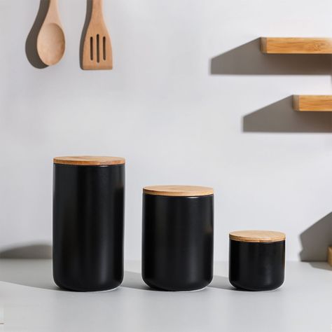 Contenedor de Cerámica Hermético Tapa Madera S Negro Simplit-5