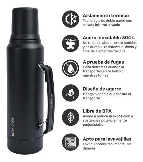 Termo Liquido Classic 1,3 lts + Mate Bombilla Lhotse Black-1