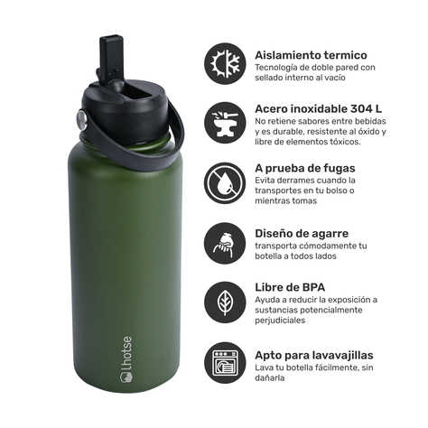 Botella Térmica Hydro Verde 960ml + 2 Tapas Lhotse-1