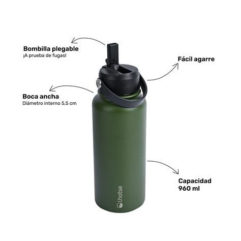 Botella Térmica Hydro Verde 960ml + 2 Tapas Lhotse-3