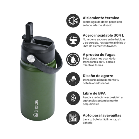 Botella Térmica Niño Hydro 360ml Verde + 2 Tapas Lhotse-1