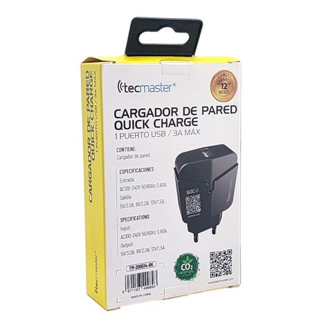 Cargador De Pared USB-A QC3.0 3.A Tecmaster Negro-3