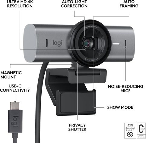Logitech MX Brio (4K, 8.5MP, Micrófono, USB-C, Gris)-1