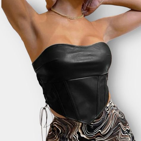 Crop Top negro Cuerina Tiras-0