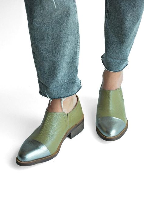 Zapato Mujer De Cuero Homero C30 Verde Metálico-1