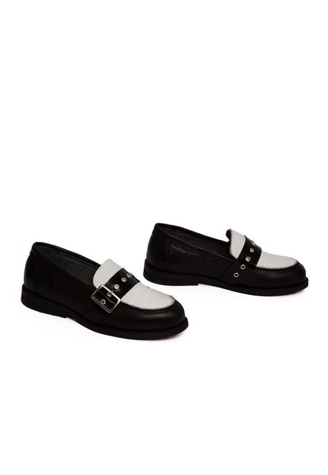 Mocasin Mujer De Cuero Amelia Blanco Negro C4-5