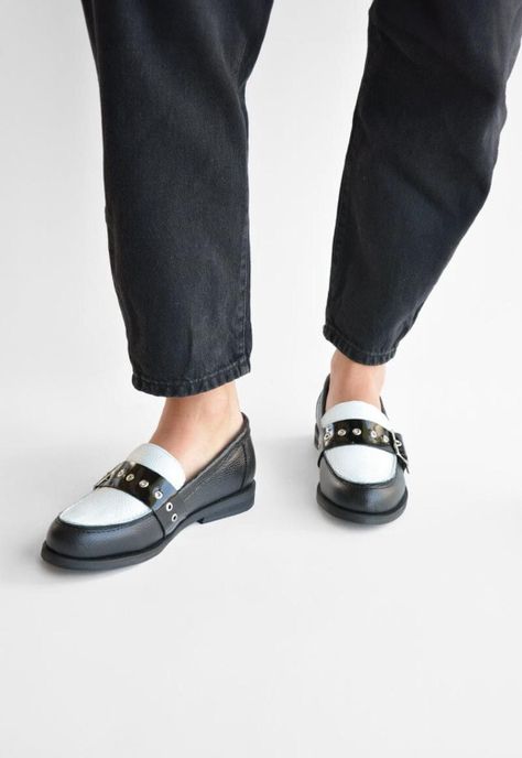 Mocasin Mujer De Cuero Amelia Blanco Negro C4-6