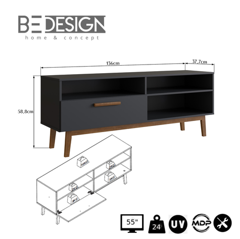 RACK CON 3 ESPACIOS Y PUERTA PARA TV 55' NEGRO EMOVELL-3