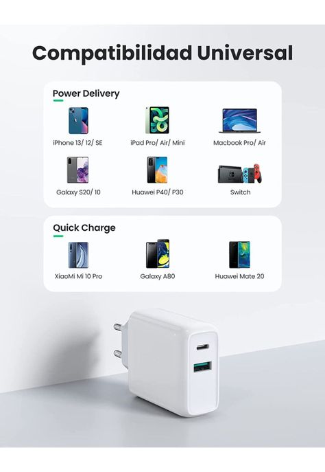 Cargador Pared USB C Ultra Rápido 36W Power Delivery + USB-2