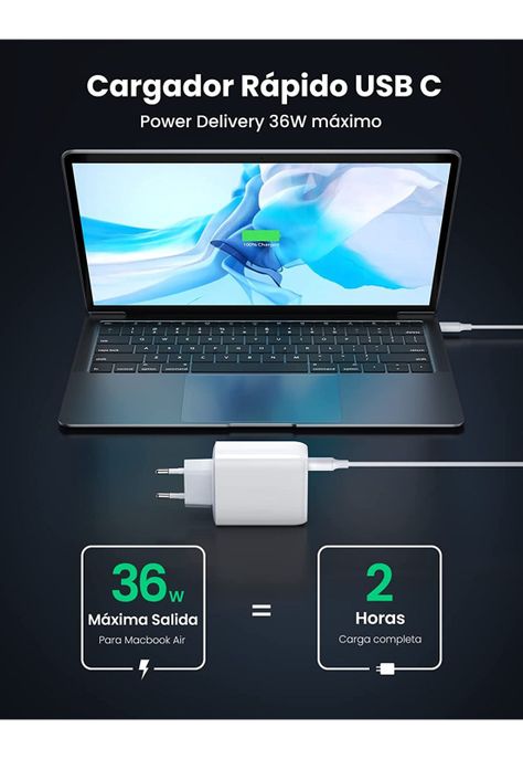Cargador Pared USB C Ultra Rápido 36W Power Delivery + USB-3
