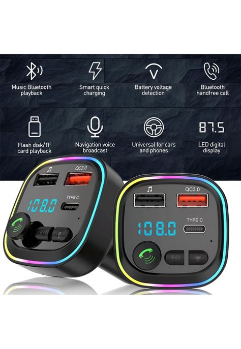 Transmisor FM Bluetooth + Puerto Quick Charge 20W 12/24V RGB-6