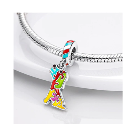 Charm Perro Y Puzzle Colorido Autismo Plata 925 Silver Heart-1