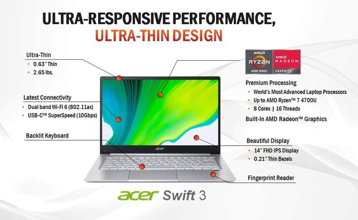 Notebook Acer Swift 3, Ryzen 7, 8 GB, 512 GB SSD, 14” FHD, W10-8