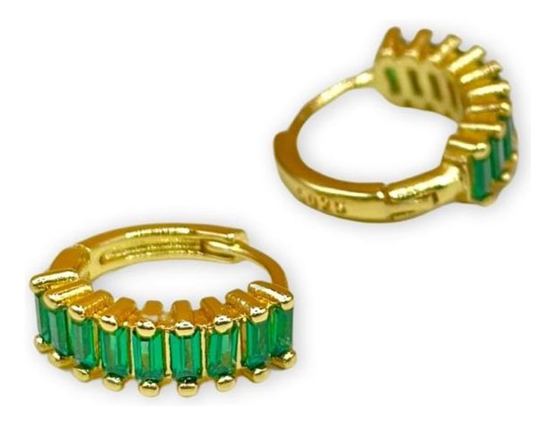 Aros Argolla Piedra Verde Pequeños Plata S925 Baño Oro Caja-0