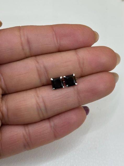 Aro Cuadrado Unisex Piedra Negra Onex 6 Mm Plata Fina + Caja-1