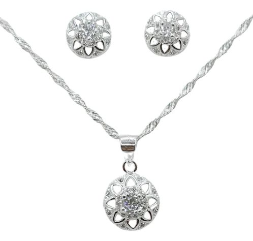 Hermoso Conjunto Dama Collar Cadena Aros Circones Plata 925-0