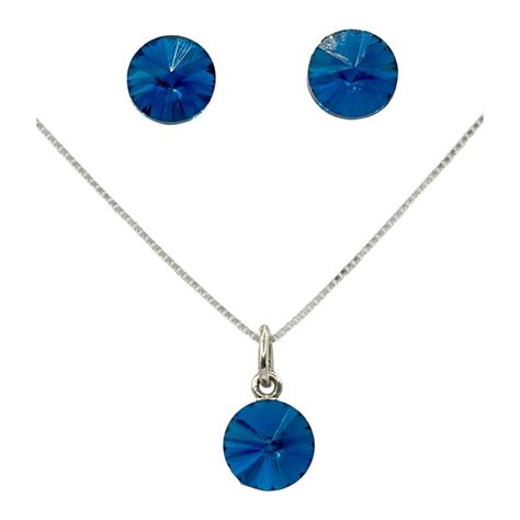 Conjunto Collar Aros Punto Luz Cristal Azul Plata 925-0