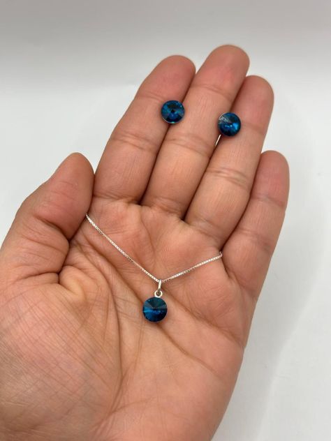 Conjunto Collar Aros Punto Luz Cristal Azul Plata 925-2