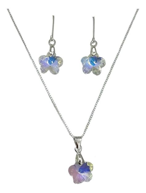 Conjunto Collar Aros Cristales Flor Plata Fina-0